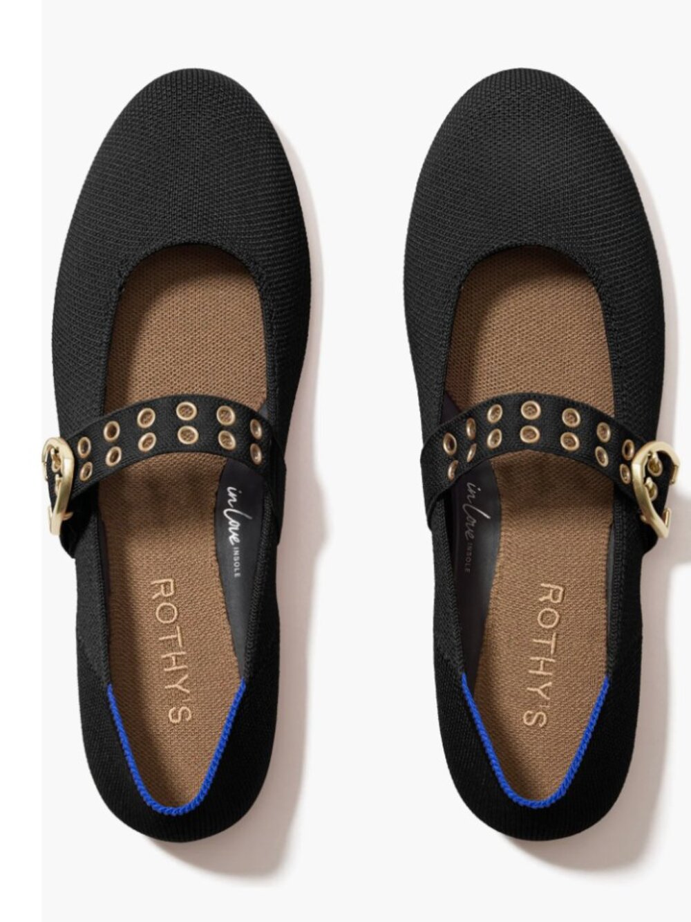 Rothy's Black Mary Jane Flats with Gold Eyelet Strap